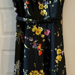 Teri Jon So Beautiful black multi floral cocktail tea length dress with pockets